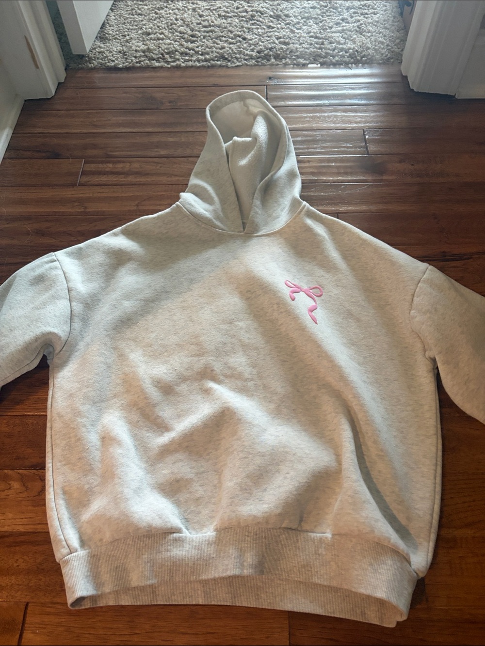 Edikted Light Gray Hoodie with Pink Ribbon Detail